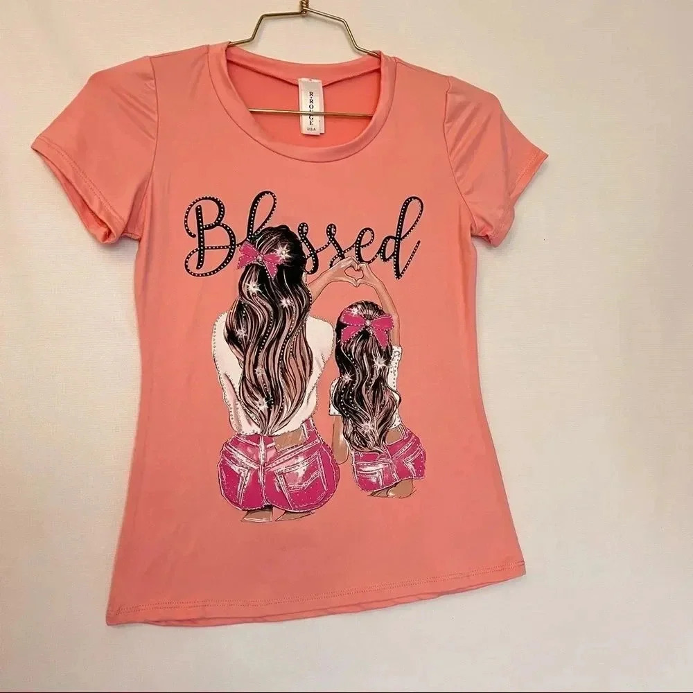 Blessed Studded Bling Bling Top Short Sleeve Pink Mom Daughter Print New